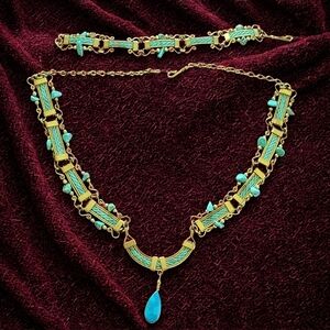 Turquoise Braided Link Necklace & Bracelette Greek Boho Egyptian Tribal